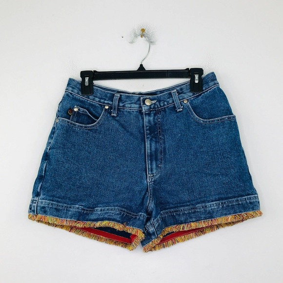 No Excuses Women's 11/12 Denim Shorts Blue Colorful Fringe Medium Wash 90s CS7 - Picture 1 of 4